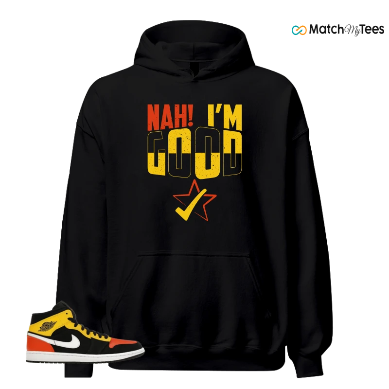 NIKE JORDAN 1 MID BLACK AMARILLO ORANGE SNEAKER Matching Tees hoodie
