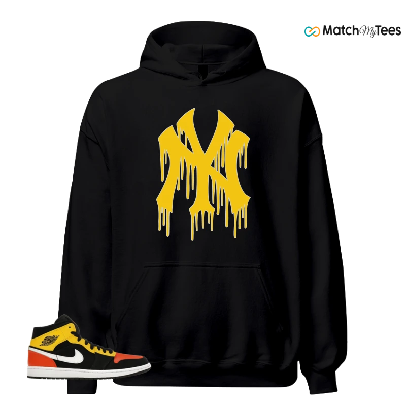 NIKE JORDAN 1 MID BLACK AMARILLO ORANGE SNEAKER Matching Tees hoodie