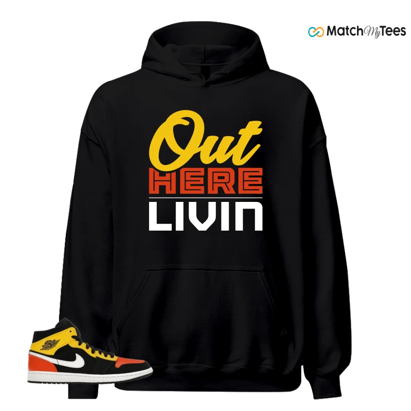 NIKE JORDAN 1 MID BLACK AMARILLO ORANGE SNEAKER Matching Tees hoodie