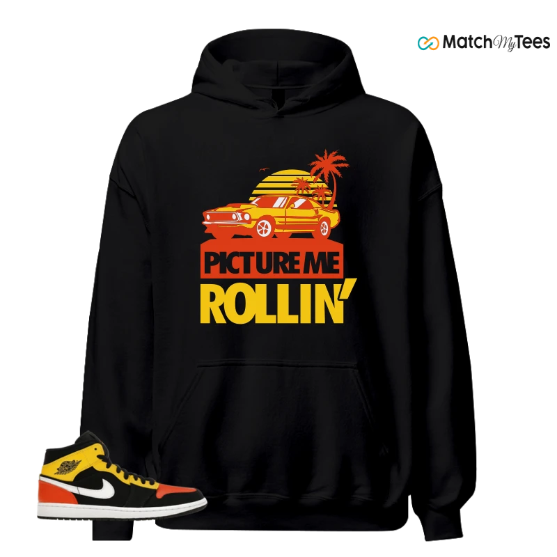 NIKE JORDAN 1 MID BLACK AMARILLO ORANGE SNEAKER Matching Tees hoodie