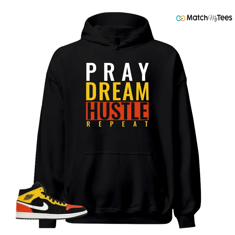 NIKE JORDAN 1 MID BLACK AMARILLO ORANGE SNEAKER Matching Tees hoodie