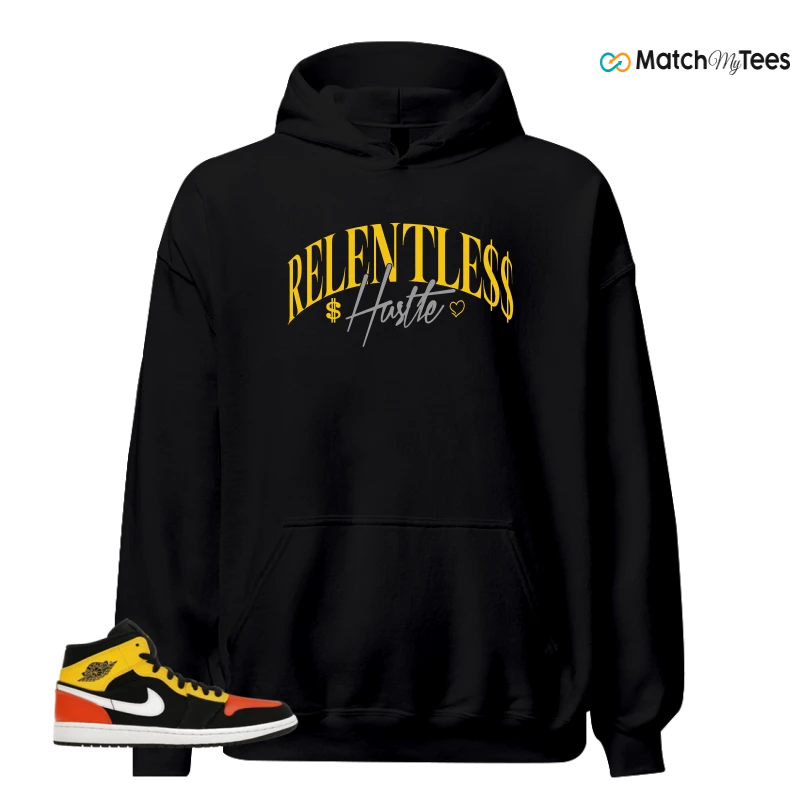 NIKE JORDAN 1 MID BLACK AMARILLO ORANGE SNEAKER Matching Tees hoodie