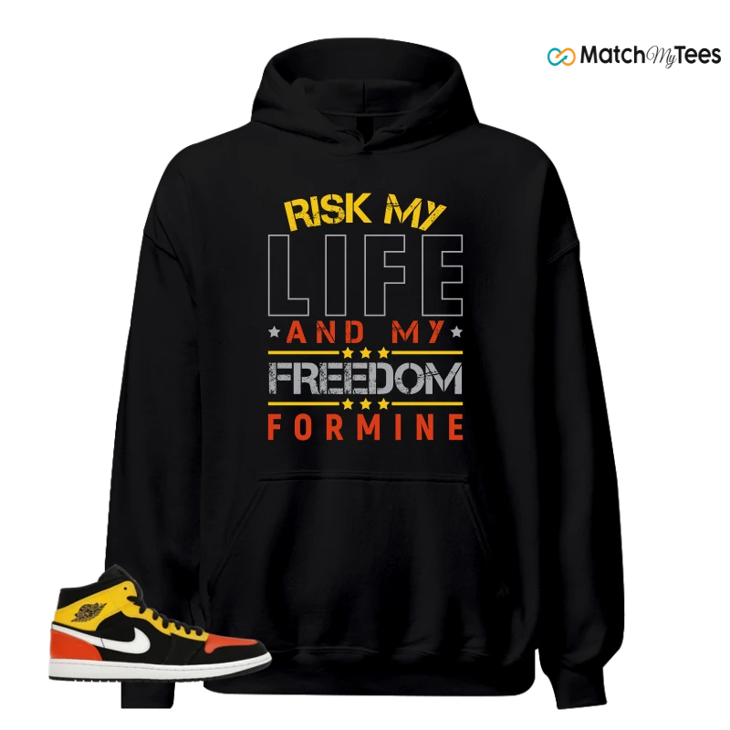 NIKE JORDAN 1 MID BLACK AMARILLO ORANGE SNEAKER Matching Tees hoodie