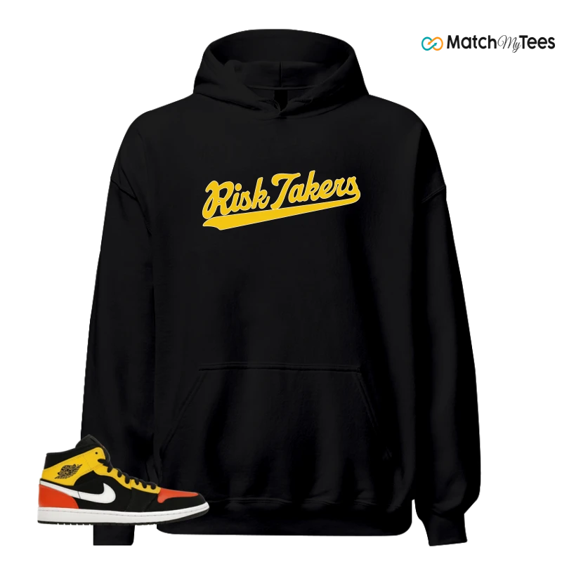 NIKE JORDAN 1 MID BLACK AMARILLO ORANGE SNEAKER Matching Tees hoodie