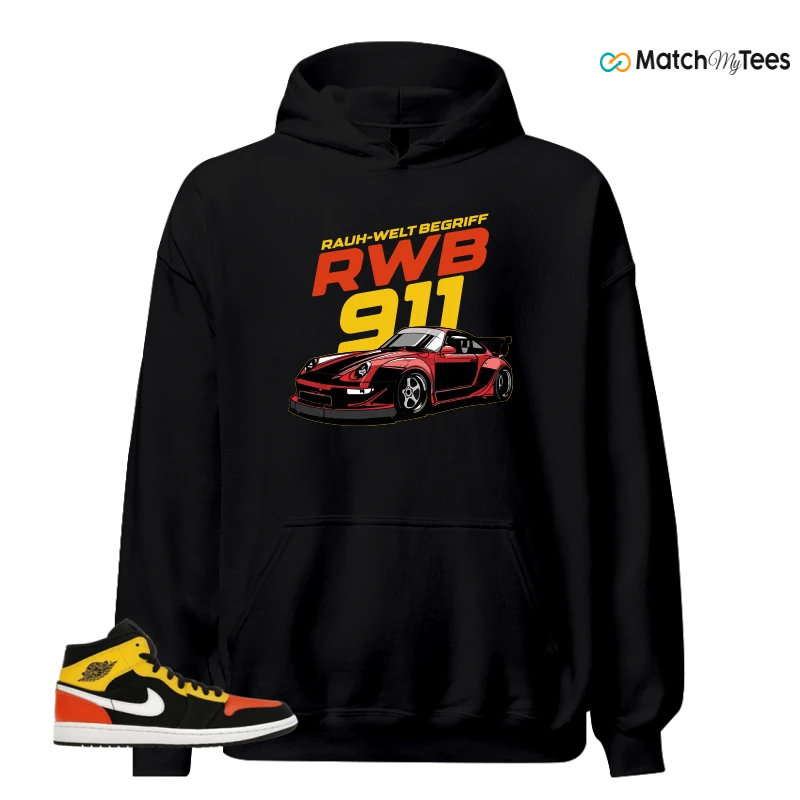 NIKE JORDAN 1 MID BLACK AMARILLO ORANGE SNEAKER Matching Tees hoodie