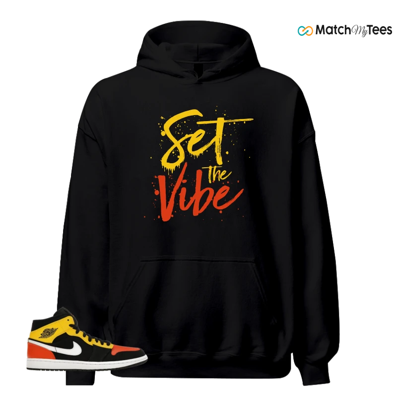 NIKE JORDAN 1 MID BLACK AMARILLO ORANGE SNEAKER Matching Tees hoodie