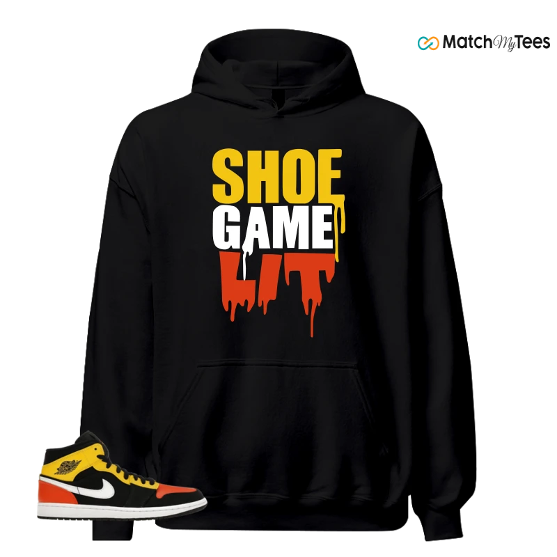 NIKE JORDAN 1 MID BLACK AMARILLO ORANGE SNEAKER Matching Tees hoodie