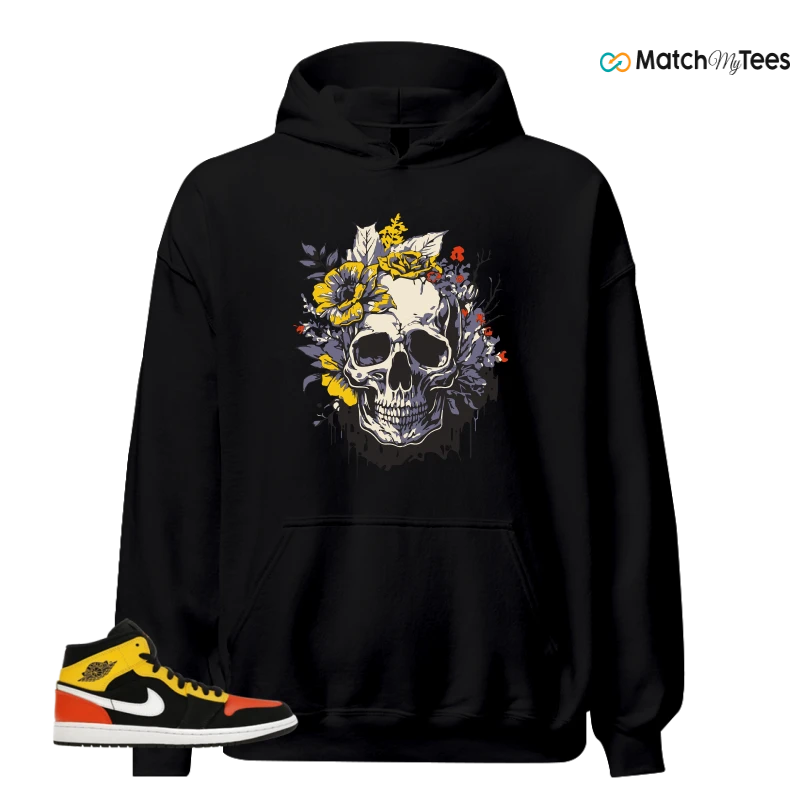 NIKE JORDAN 1 MID BLACK AMARILLO ORANGE SNEAKER Matching Tees hoodie