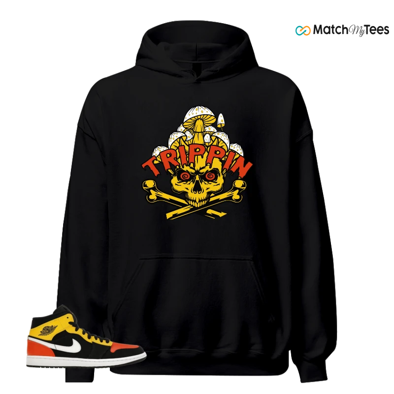 NIKE JORDAN 1 MID BLACK AMARILLO ORANGE SNEAKER Matching Tees hoodie