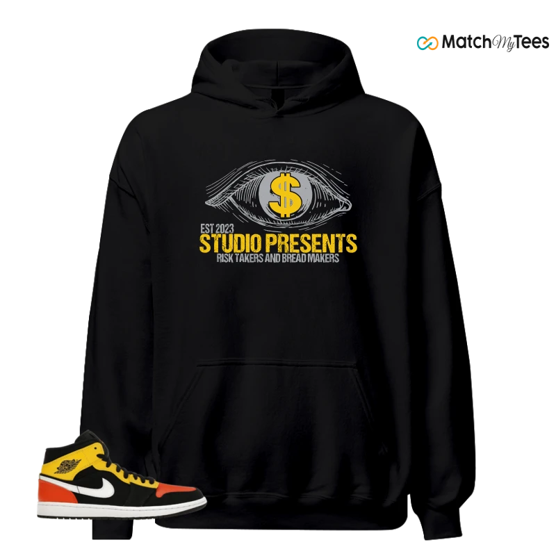 NIKE JORDAN 1 MID BLACK AMARILLO ORANGE SNEAKER Matching Tees hoodie