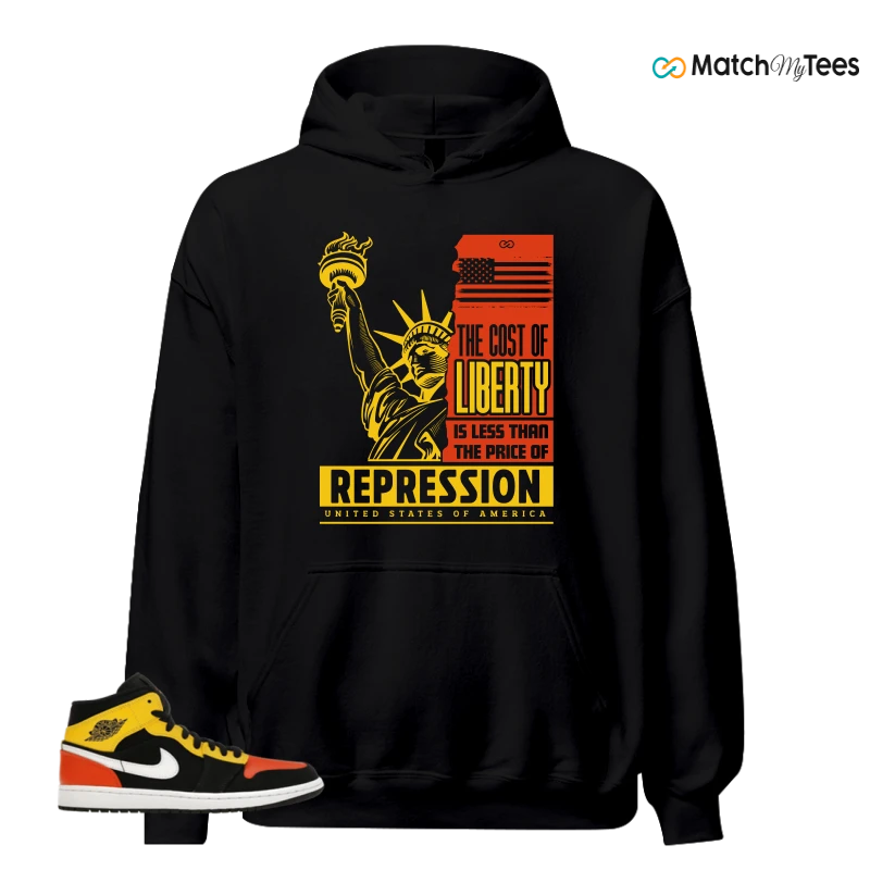 NIKE JORDAN 1 MID BLACK AMARILLO ORANGE SNEAKER Matching Tees hoodie