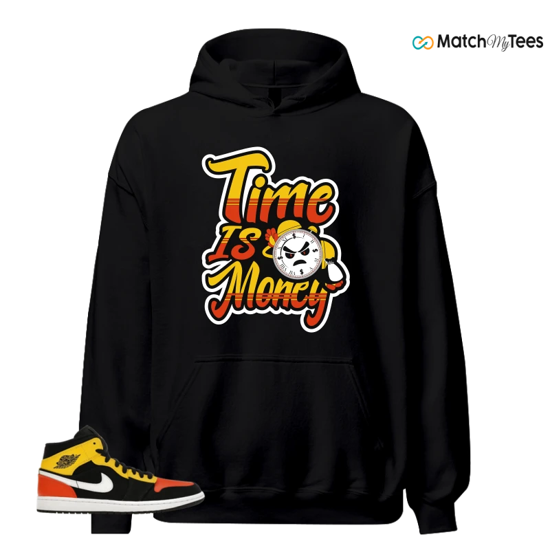 NIKE JORDAN 1 MID BLACK AMARILLO ORANGE SNEAKER Matching Tees hoodie