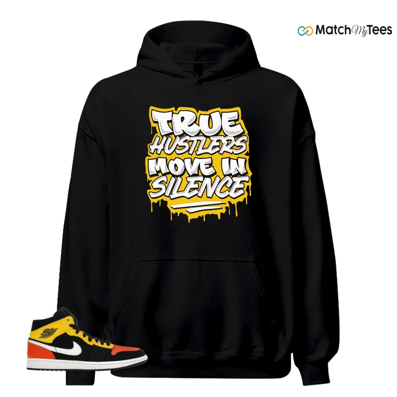 NIKE JORDAN 1 MID BLACK AMARILLO ORANGE SNEAKER Matching Tees hoodie
