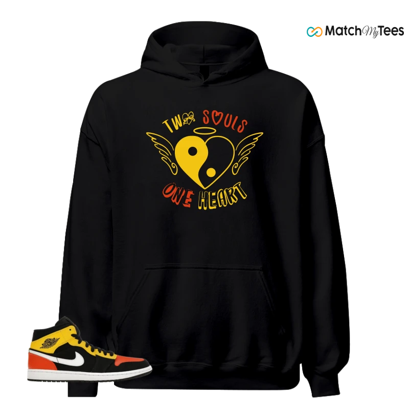 NIKE JORDAN 1 MID BLACK AMARILLO ORANGE SNEAKER Matching Tees hoodie