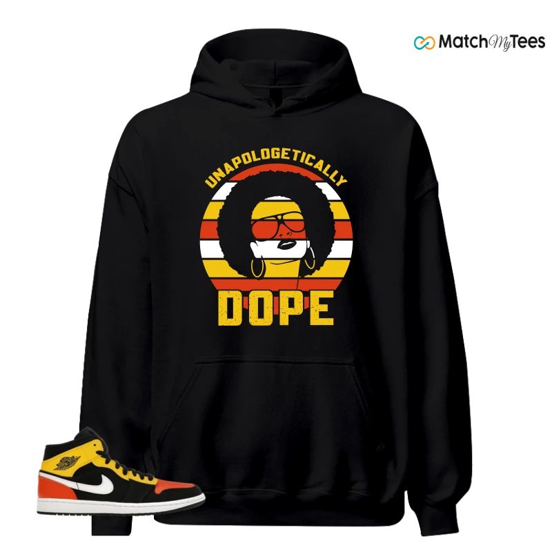 NIKE JORDAN 1 MID BLACK AMARILLO ORANGE SNEAKER Matching Tees hoodie