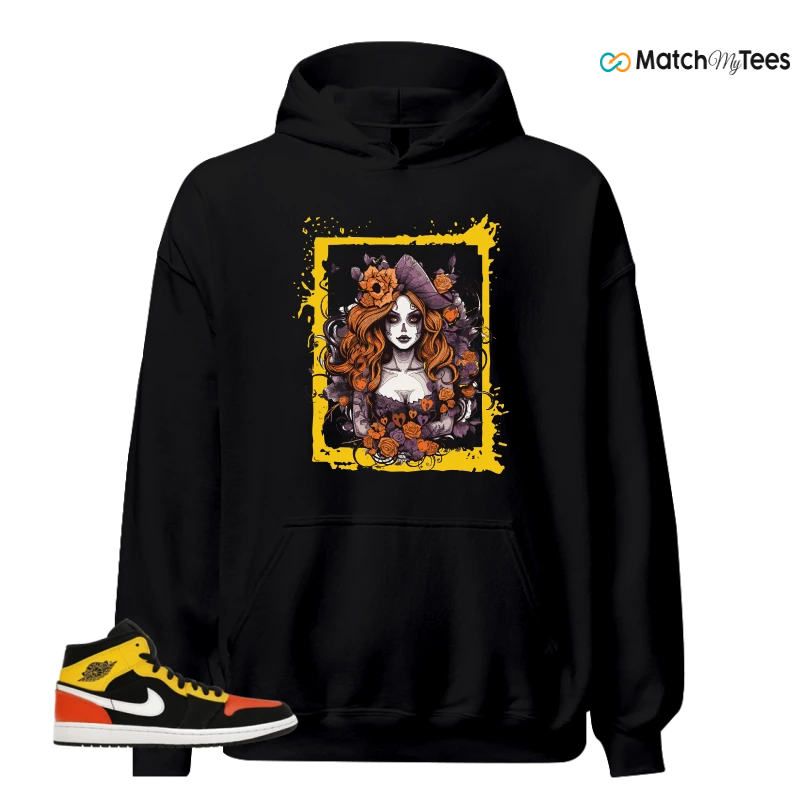 NIKE JORDAN 1 MID BLACK AMARILLO ORANGE SNEAKER Matching Tees hoodie