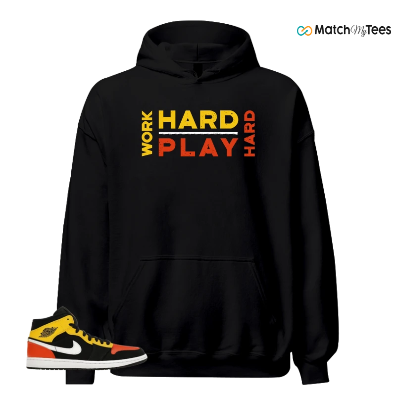 NIKE JORDAN 1 MID BLACK AMARILLO ORANGE SNEAKER Matching Tees hoodie