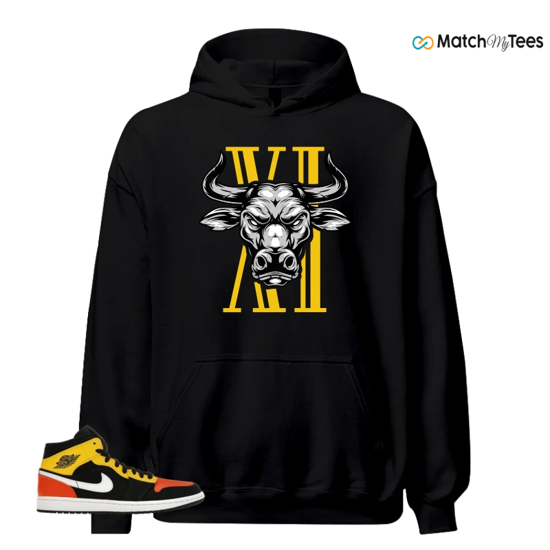NIKE JORDAN 1 MID BLACK AMARILLO ORANGE SNEAKER Matching Tees hoodie