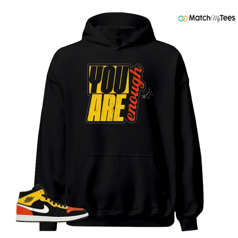 NIKE JORDAN 1 MID BLACK AMARILLO ORANGE SNEAKER Matching Tees hoodie