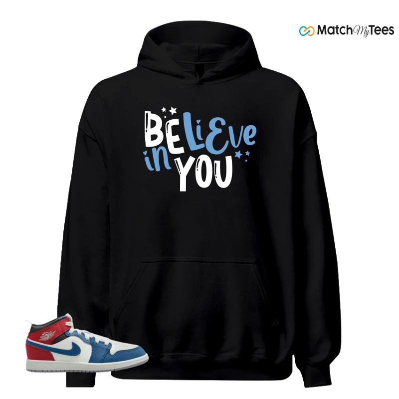 NIKE JORDAN 1 MID TRUE BLUE VARSITY RED (PS) SNEAKER Matching Tees hoodie
