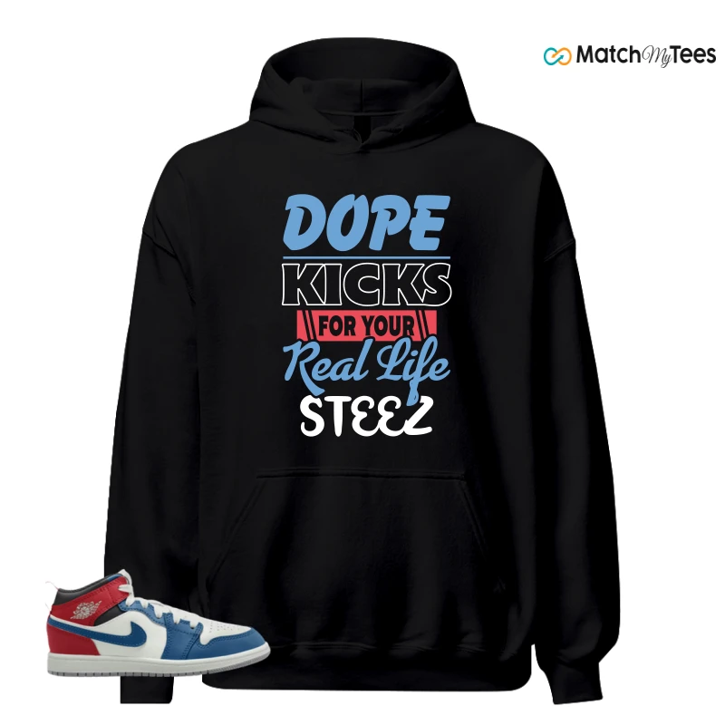 NIKE JORDAN 1 MID TRUE BLUE VARSITY RED (PS) SNEAKER Matching Tees hoodie