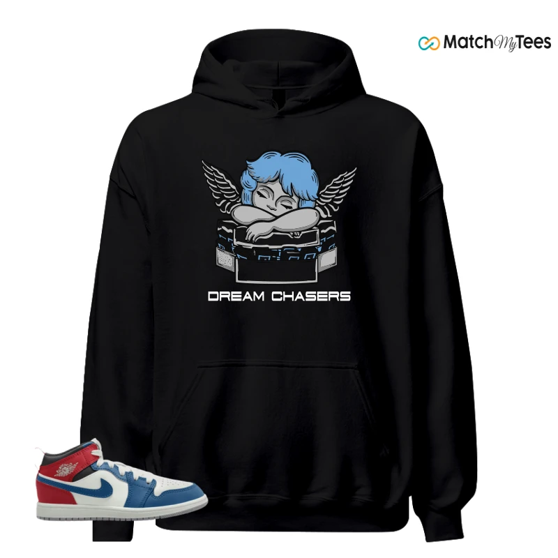 NIKE JORDAN 1 MID TRUE BLUE VARSITY RED (PS) SNEAKER Matching Tees hoodie