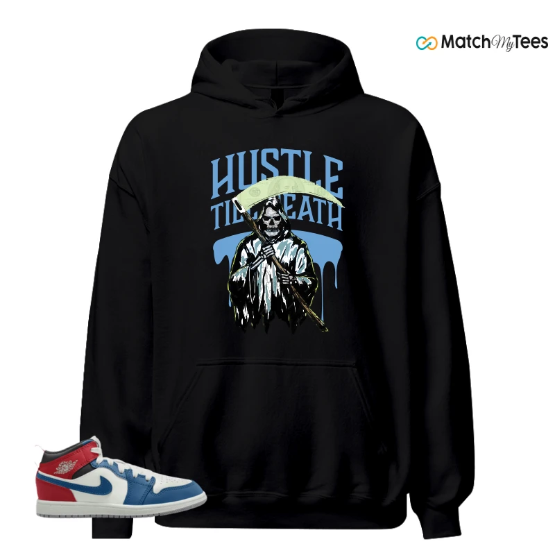 NIKE JORDAN 1 MID TRUE BLUE VARSITY RED (PS) SNEAKER Matching Tees hoodie