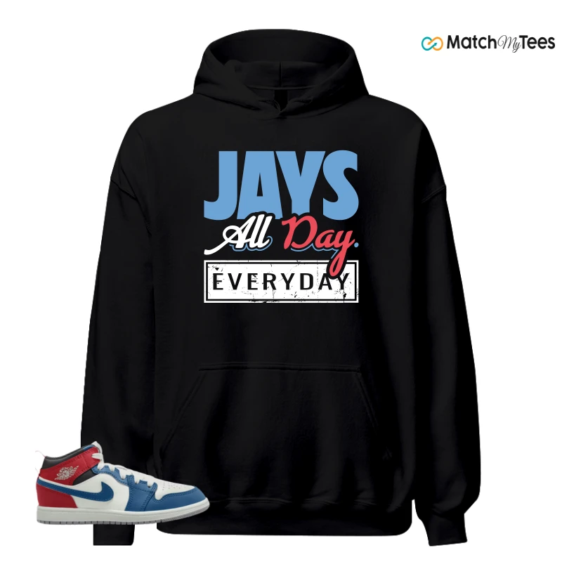 NIKE JORDAN 1 MID TRUE BLUE VARSITY RED (PS) SNEAKER Matching Tees hoodie