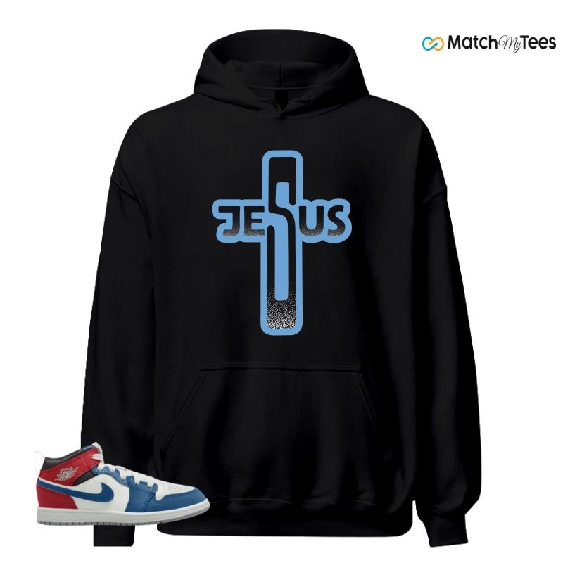 NIKE JORDAN 1 MID TRUE BLUE VARSITY RED (PS) SNEAKER Matching Tees hoodie