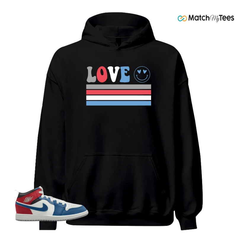 NIKE JORDAN 1 MID TRUE BLUE VARSITY RED (PS) SNEAKER Matching Tees hoodie