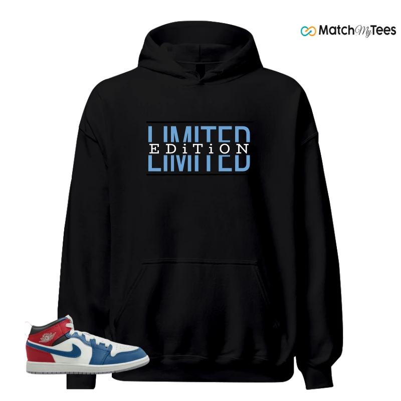 NIKE JORDAN 1 MID TRUE BLUE VARSITY RED (PS) SNEAKER Matching Tees hoodie