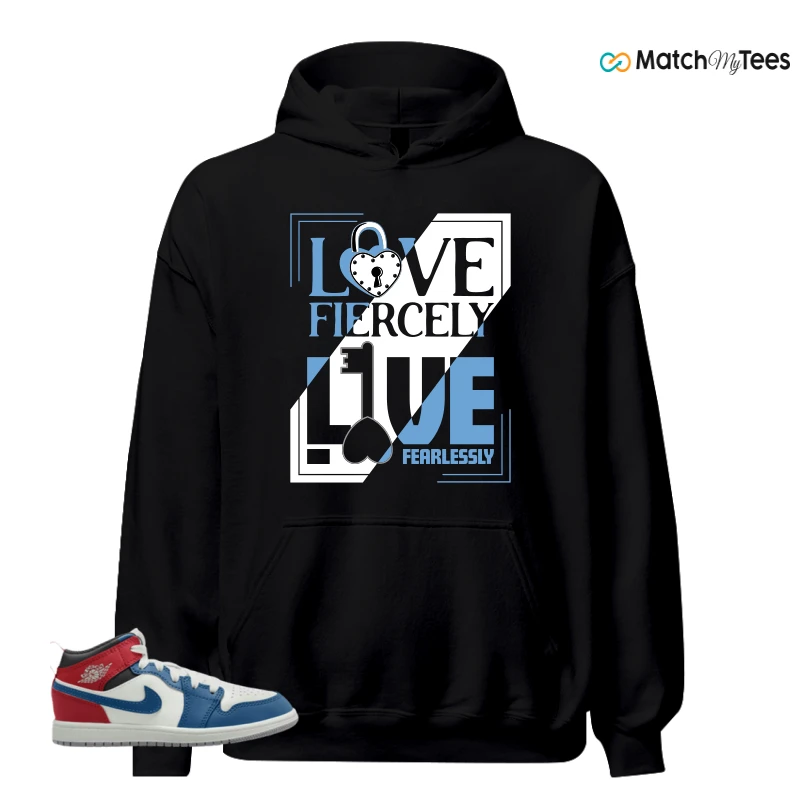 NIKE JORDAN 1 MID TRUE BLUE VARSITY RED (PS) SNEAKER Matching Tees hoodie
