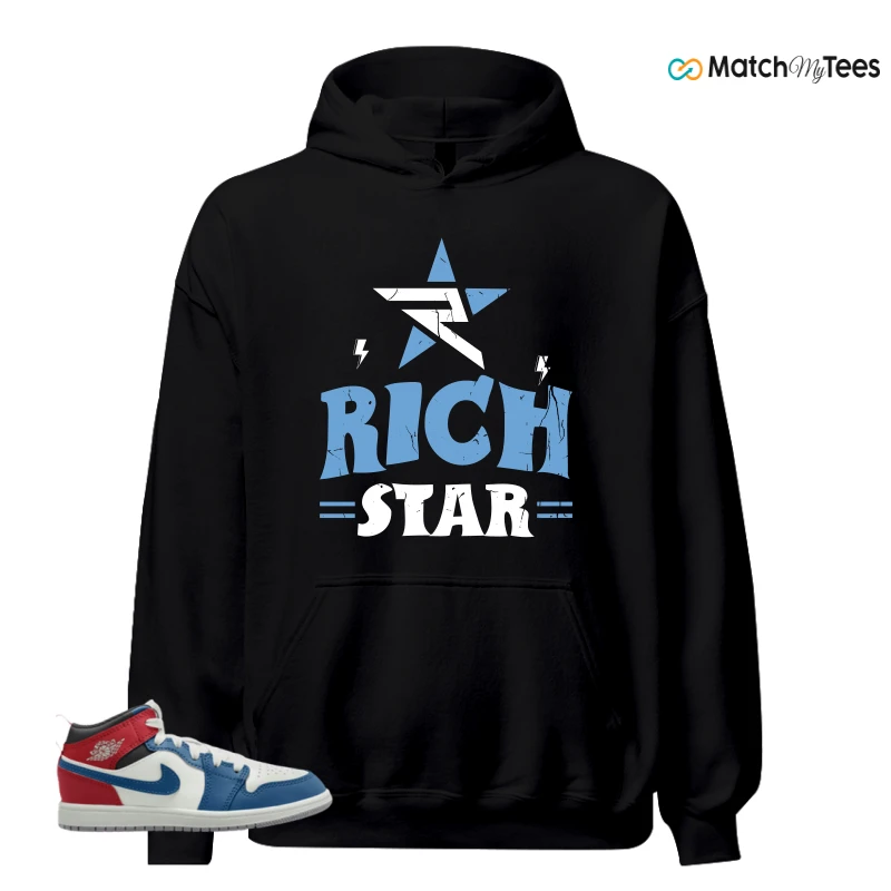 NIKE JORDAN 1 MID TRUE BLUE VARSITY RED (PS) SNEAKER Matching Tees hoodie