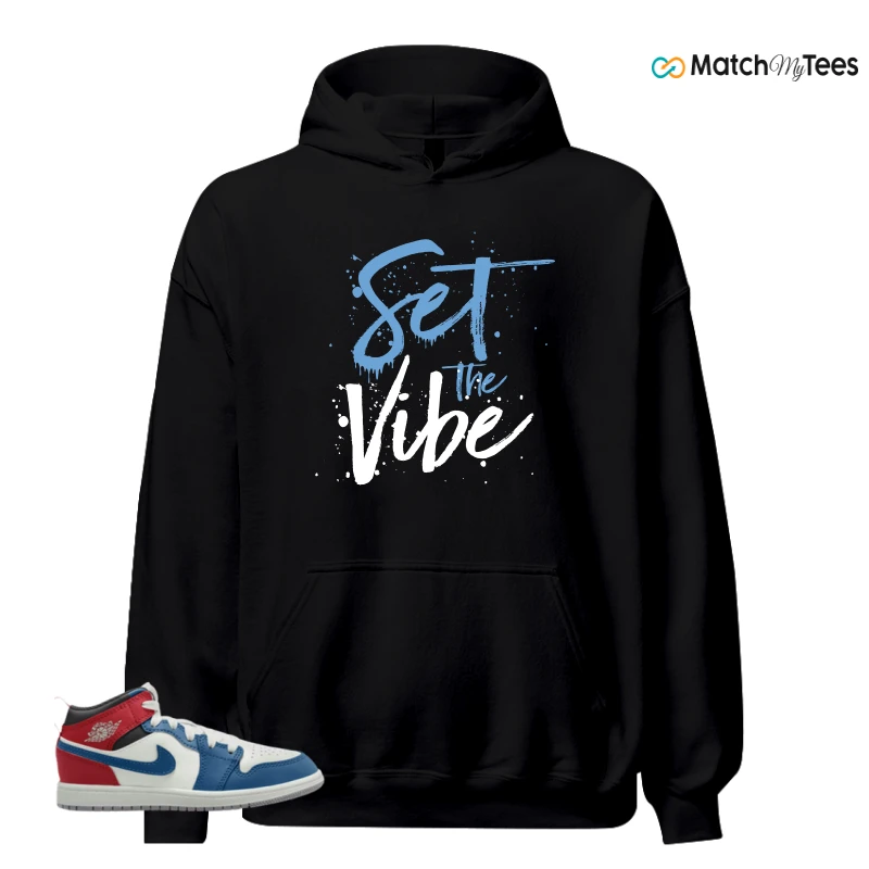 NIKE JORDAN 1 MID TRUE BLUE VARSITY RED (PS) SNEAKER Matching Tees hoodie