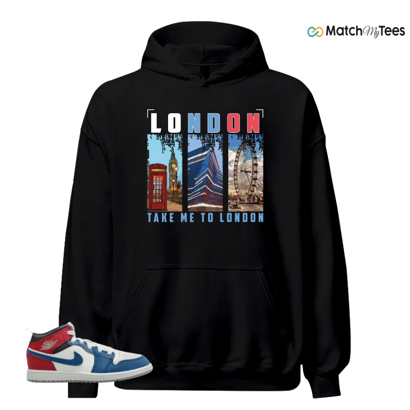 NIKE JORDAN 1 MID TRUE BLUE VARSITY RED (PS) SNEAKER Matching Tees hoodie