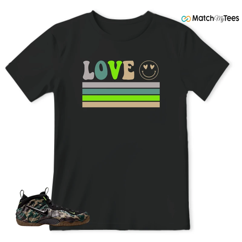 NIKE AIR FOAMPOSITE PRO GREEN CAMO SNEAKER/BLACK/BLACK/VOLTAGE GREEN/GUM DARK BROWN matching T-shirt
