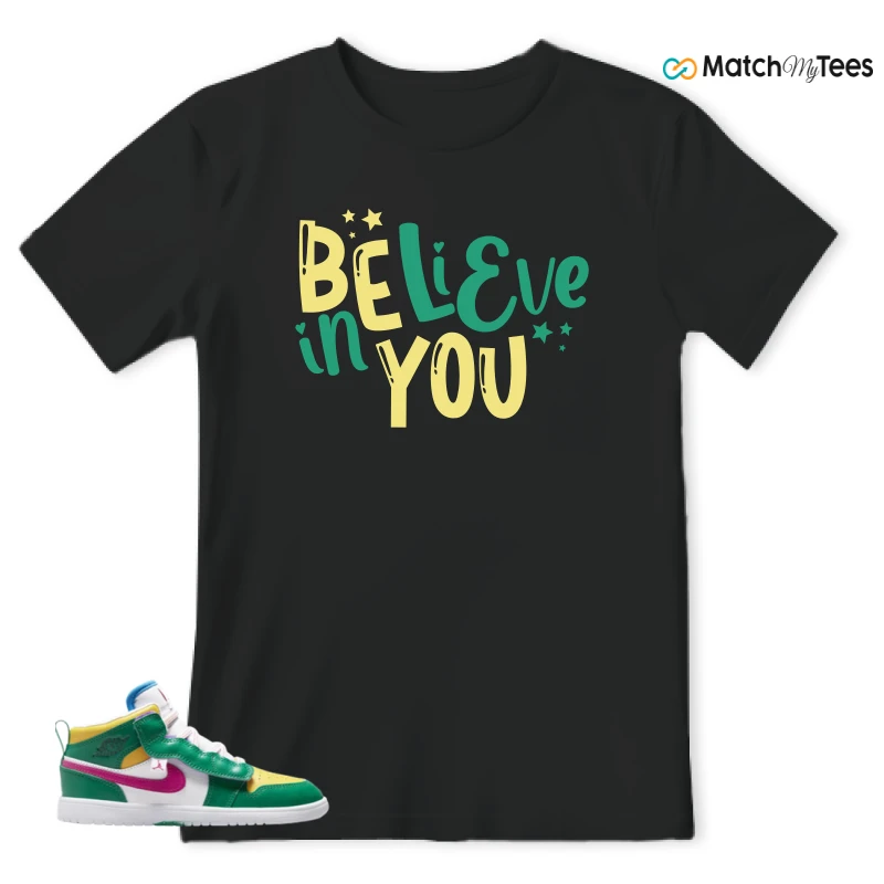 NIKE AIR JORDAN 1 MID ALT MALACHITE WHITE UNIVERSITY GOLD ACTIVE PINK (PS) SNEAKER Matching Tees t-shirt