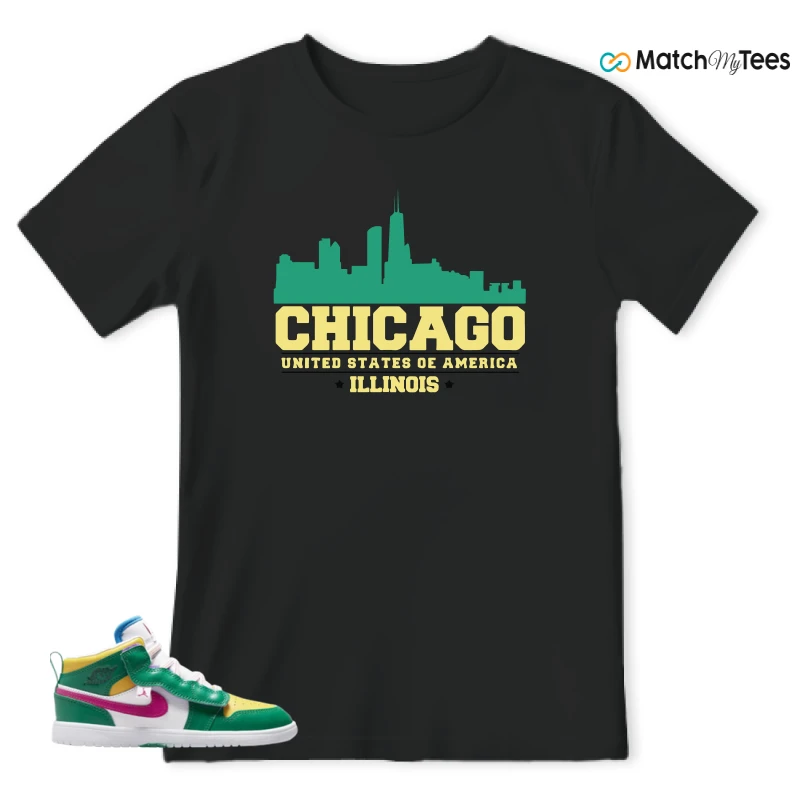 NIKE AIR JORDAN 1 MID ALT MALACHITE WHITE UNIVERSITY GOLD ACTIVE PINK (PS) SNEAKER Matching Tees t-shirt
