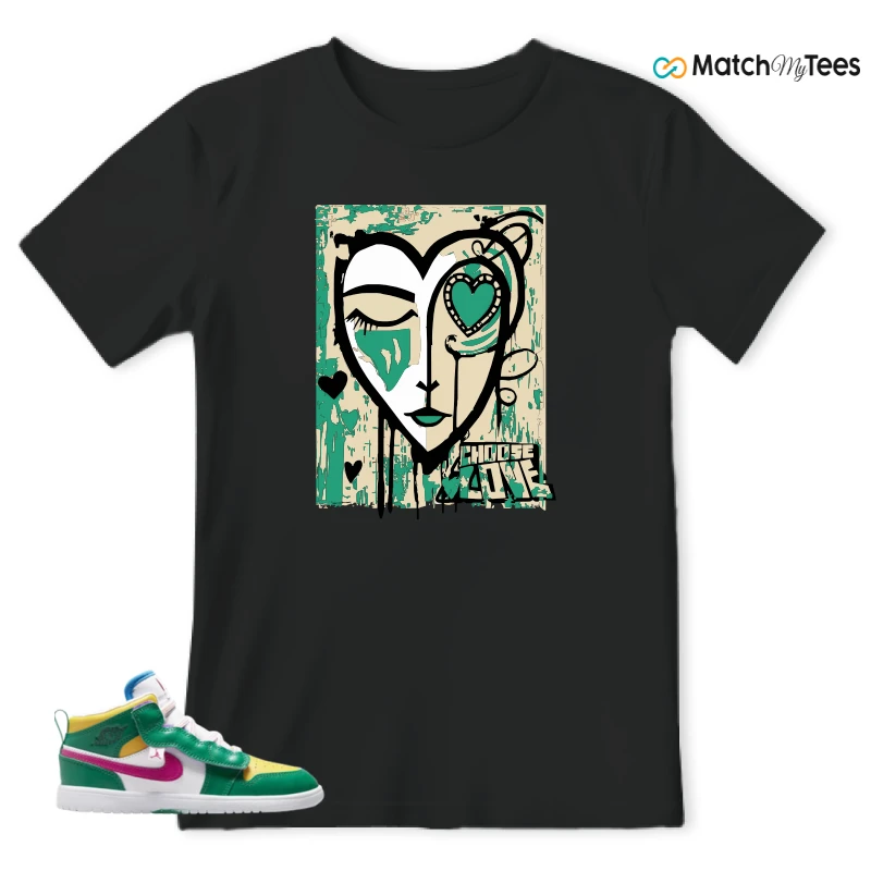 NIKE AIR JORDAN 1 MID ALT MALACHITE WHITE UNIVERSITY GOLD ACTIVE PINK (PS) SNEAKER Matching Tees t-shirt