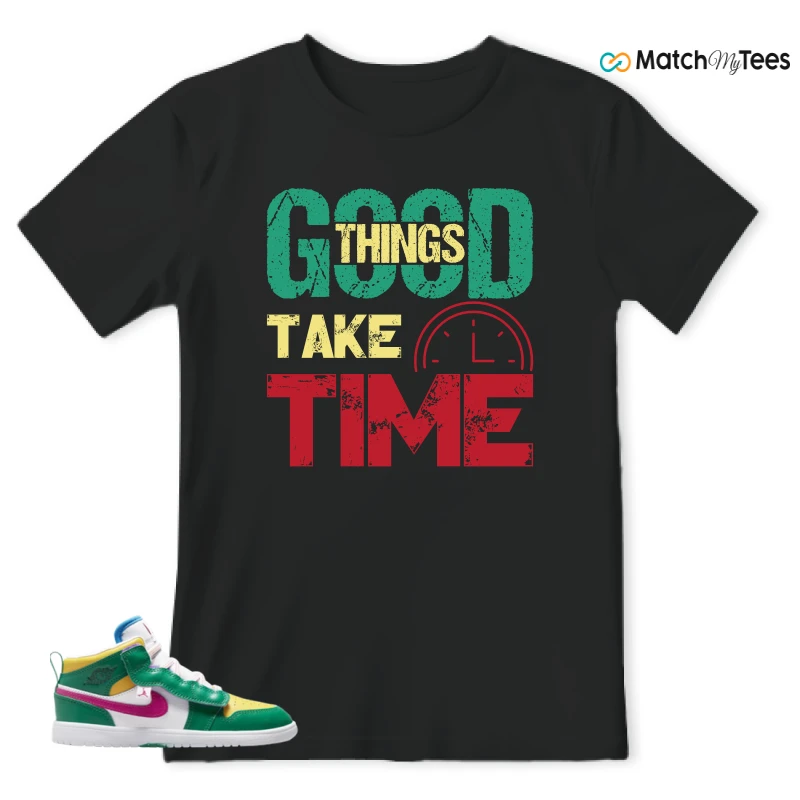 NIKE AIR JORDAN 1 MID ALT MALACHITE WHITE UNIVERSITY GOLD ACTIVE PINK (PS) SNEAKER Matching Tees t-shirt