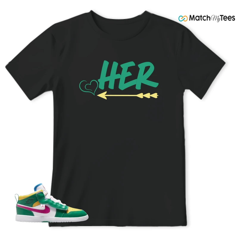 NIKE AIR JORDAN 1 MID ALT MALACHITE WHITE UNIVERSITY GOLD ACTIVE PINK (PS) SNEAKER Matching Tees t-shirt