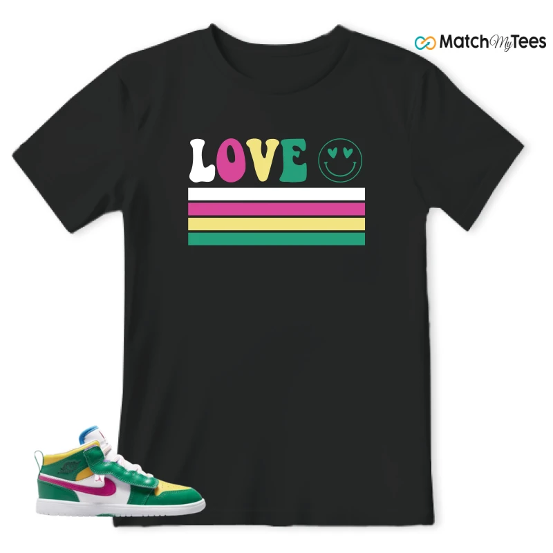 NIKE AIR JORDAN 1 MID ALT MALACHITE WHITE UNIVERSITY GOLD ACTIVE PINK (PS) SNEAKER Matching Tees t-shirt