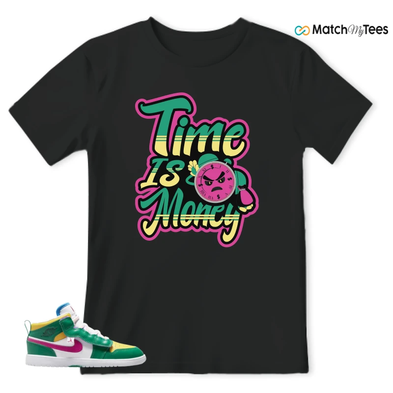 NIKE AIR JORDAN 1 MID ALT MALACHITE WHITE UNIVERSITY GOLD ACTIVE PINK (PS) SNEAKER Matching Tees t-shirt