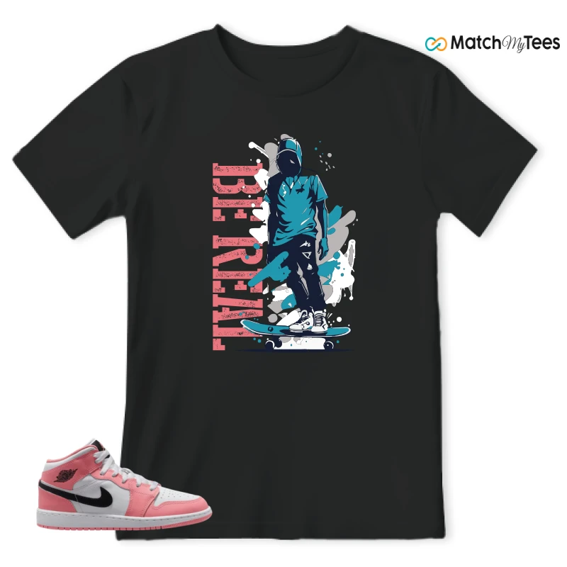 NIKE AIR JORDAN 1 MID GS PINK GAZE WHITE SNEAKER Matching Tees t-shirt