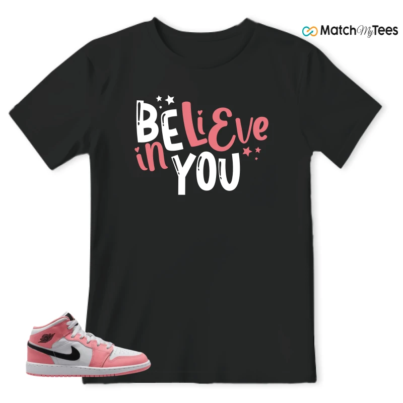 NIKE AIR JORDAN 1 MID GS PINK GAZE WHITE SNEAKER Matching Tees t-shirt