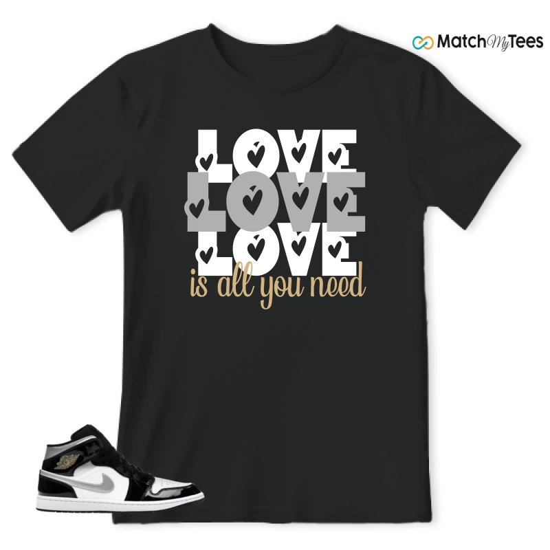 NIKE AIR JORDAN 1 MID SE BLACK WHITE SNEAKER/BLACK/WHITE/METALLIC GOLD/METALLIC SILVER matching T-shirt