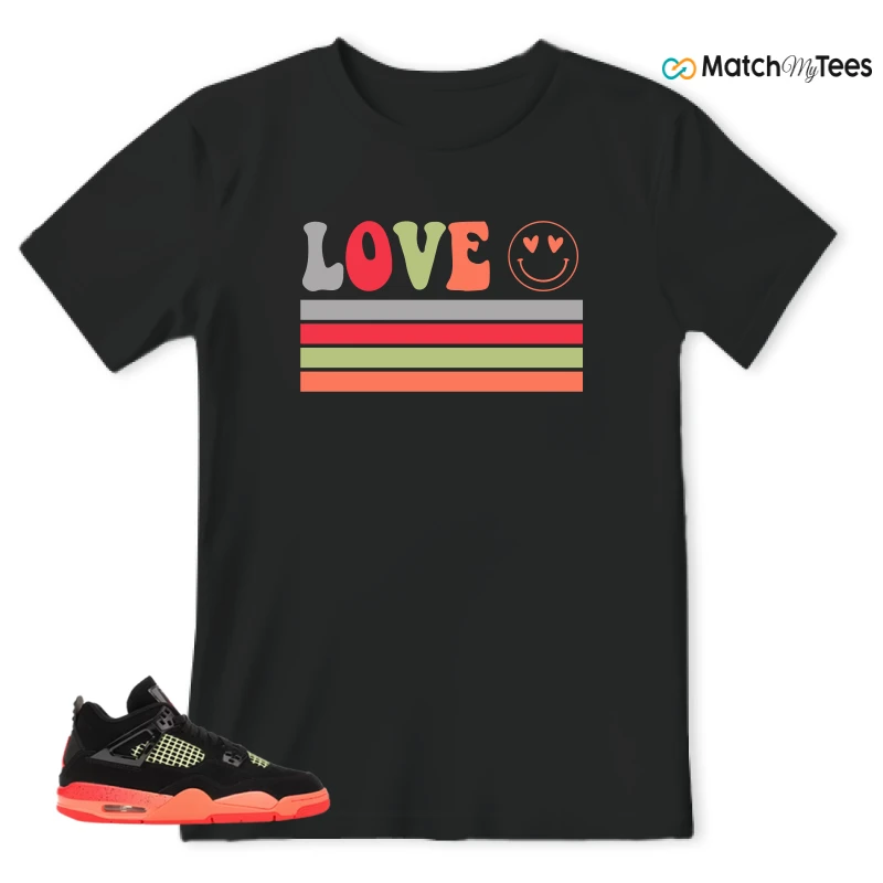 NIKE AIR JORDAN 4 BLACK INFRARED 23 SNEAKER/BLACK/INFRARED 23/BRIGHT MANGO/BARELY VOLT/WHITE matching T-shirt