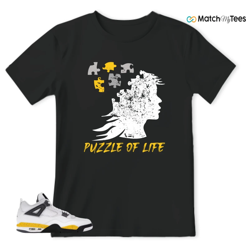 NIKE AIR JORDAN 4 RARE AIR TOUR YELLOW SNEAKER/WHITE/TOUR YELLOW/DARK BLUE GREY/BLACK matching T-shirt