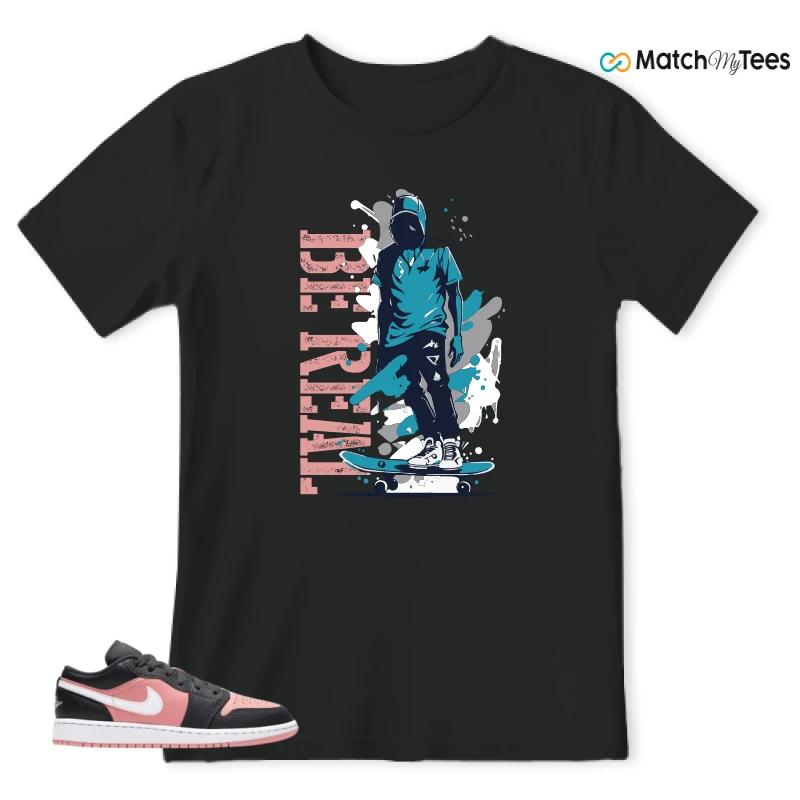NIKE JORDAN 1 LOW BLACK PINK QUARTZ (GS) SNEAKER Matching Tees t-shirt