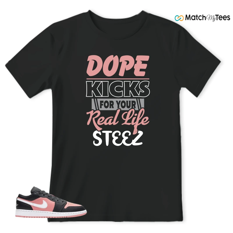 NIKE JORDAN 1 LOW BLACK PINK QUARTZ (GS) SNEAKER Matching Tees t-shirt